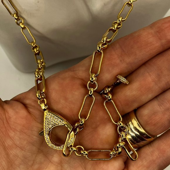 NEW 18k Real Gold Plated Paper Clip 25 inch Chain Large Cubic Zirconia Clasp - Picture 10 of 14